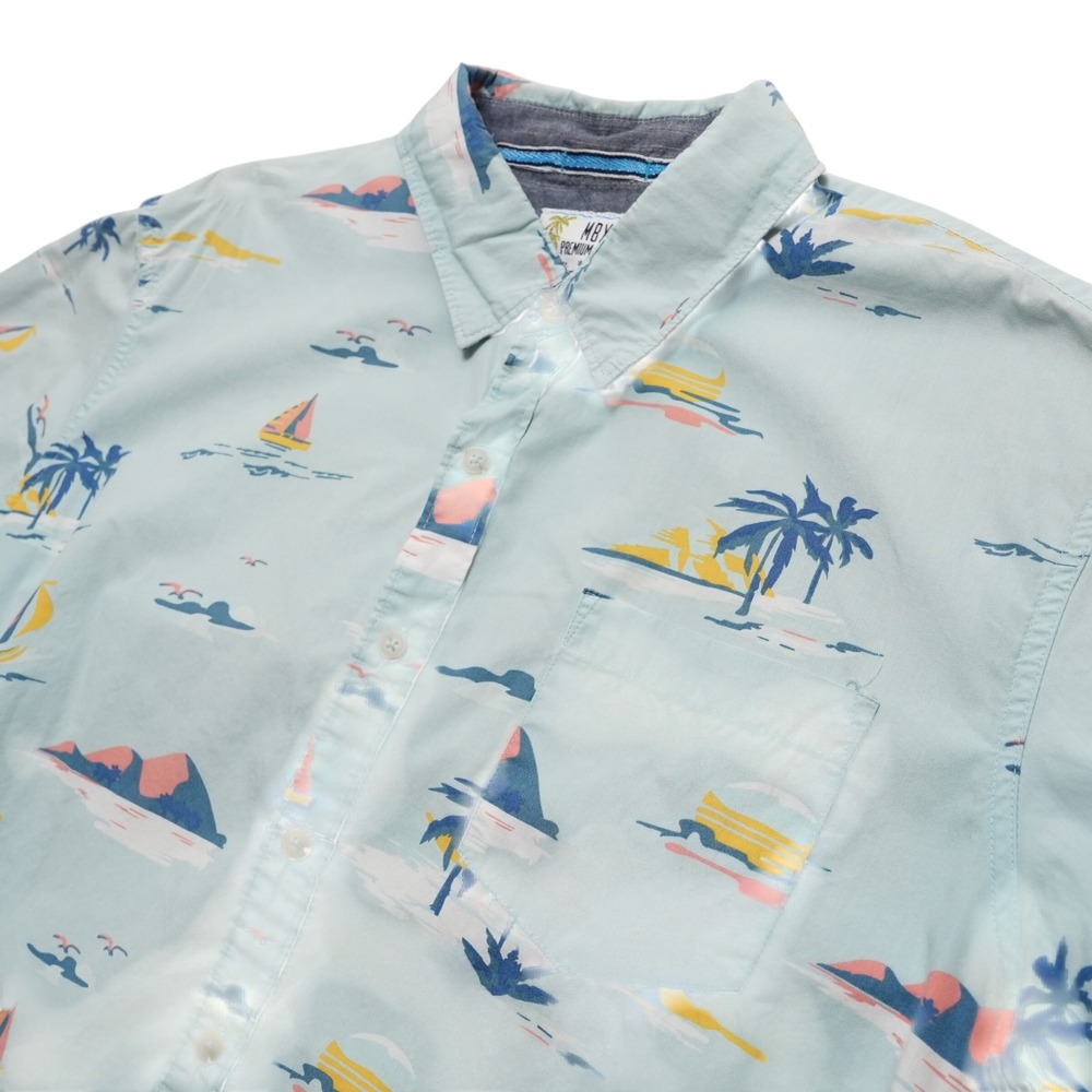 MBX Paradise Shirt Mens XL Blue Tropical Sailboat Palm Tree Cotton Button Up